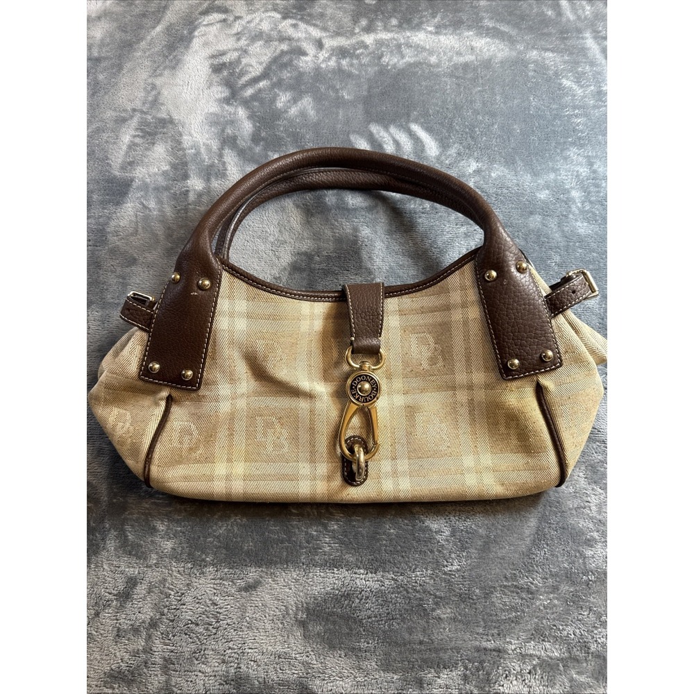Dooney & Bourke Tan Tweed Plaid Signature Handbag Brown Leather Trim Y2K Purse